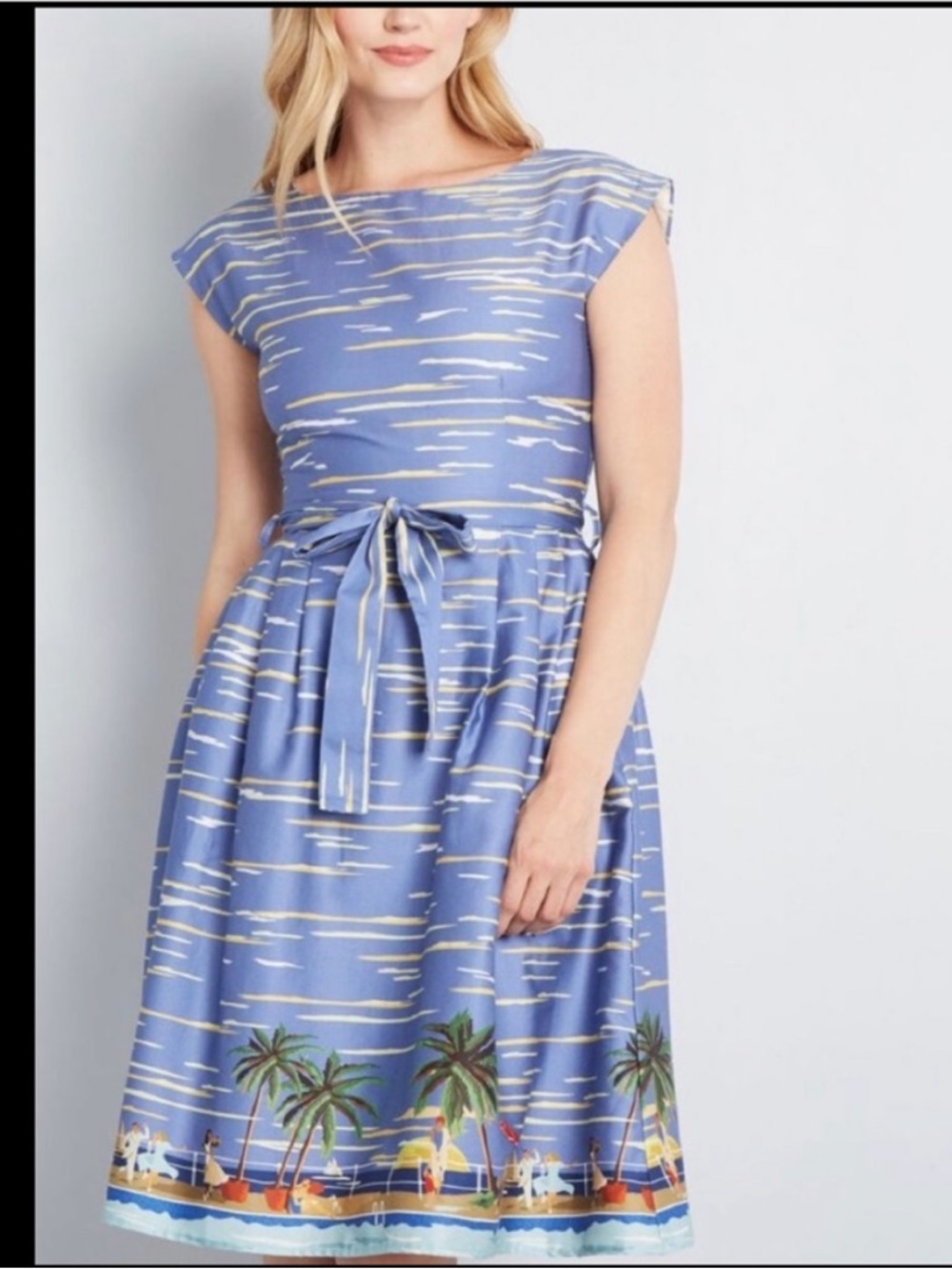 Palava UK Retro Riviera Dress Blue Size 10 Novelty Border Print Organic Cotton - Picture 3 of 15